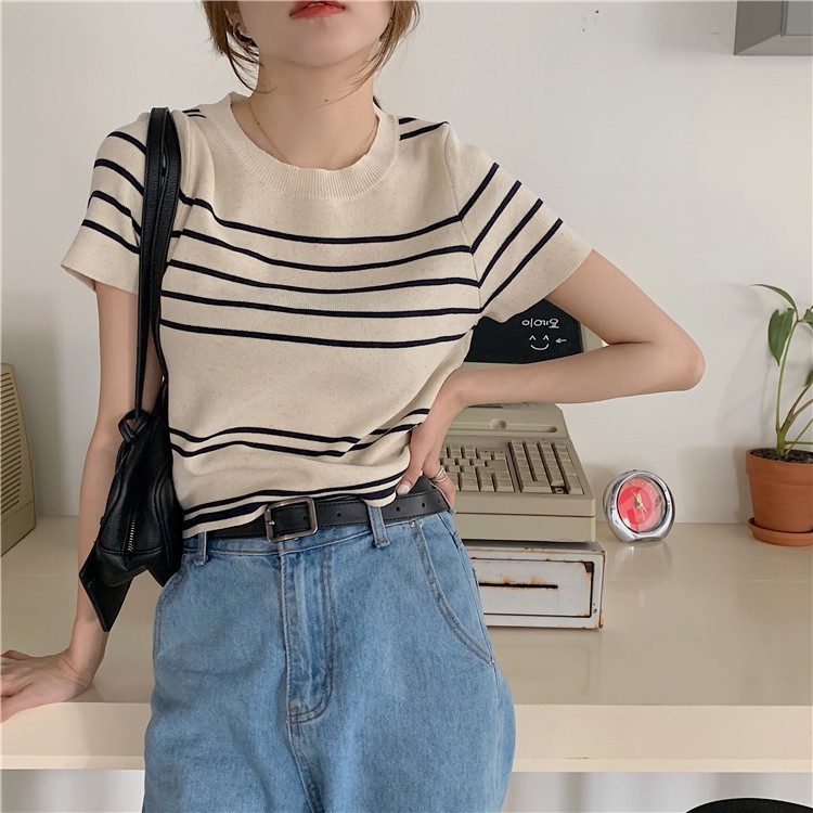 Xiaozhainv Áo Thun Dệt Kim Cổ Tròn Tay Ngắn Kẻ Sọc Kiểu Hàn Quốc 2 Màu Lựa Chọn Thời Trang Cho Nữ
