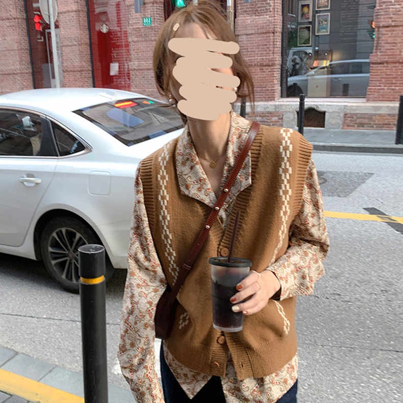 Áo len ZHELIHANGFEI không tay dáng rộng họa tiết kim cương theo phong cách đi học dễ phối đồ