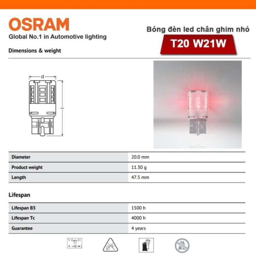 Bóng đèn led chân ghim nhỏ OSRAM STANDARD RETROFIT W21W 12v màu đỏ