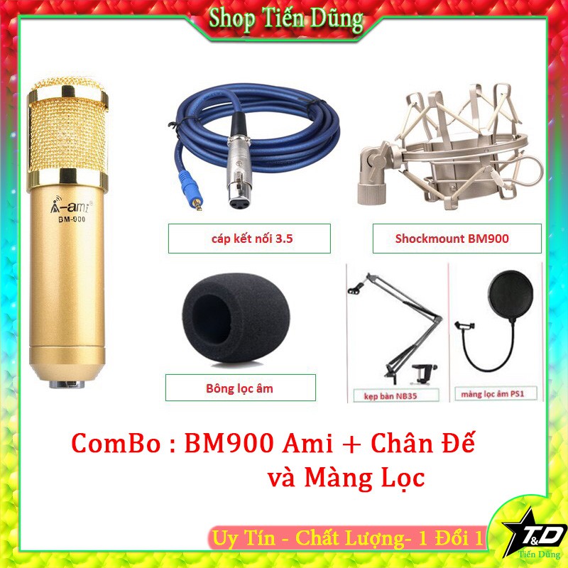 [Mã 159ELSALE hoàn 7% đơn 300K] Combo Mic thu âm Ami BM900 và màng lọc với chân đế