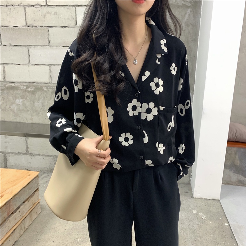 Áo Sơ Mi Tay Dài Dáng Rộng Cỡ Lớn In Hoa Kiểu Retro Hàn Quốc Cá Tính