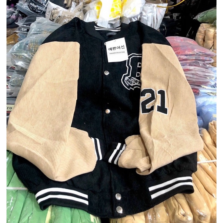 Áo khoác bomber bóng chày kaki nhung gân 2 lớp thêu unisex ulzzang nam nữ