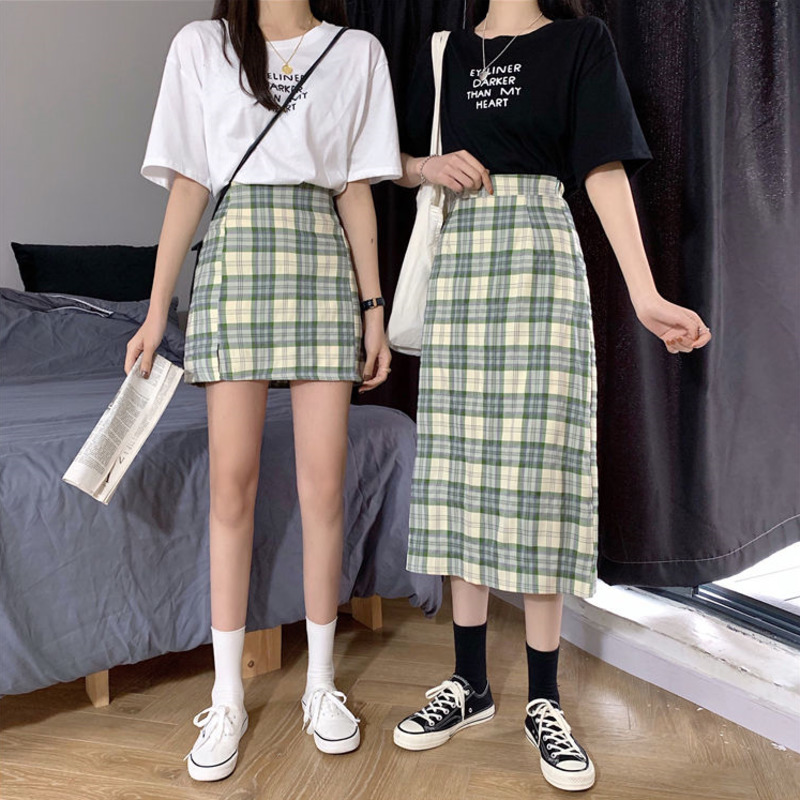 Chân Váy Chữ A Dài Qua Gối Họa Tiết Sọc Caro Phong Cách Hàn Quốc Thời Trang Cho Nữ