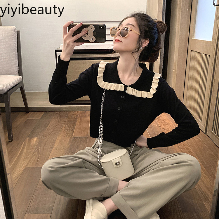 yiyibeauty 2020 women high waist slimming short style single-breasted long sleeve knitted cardigan top