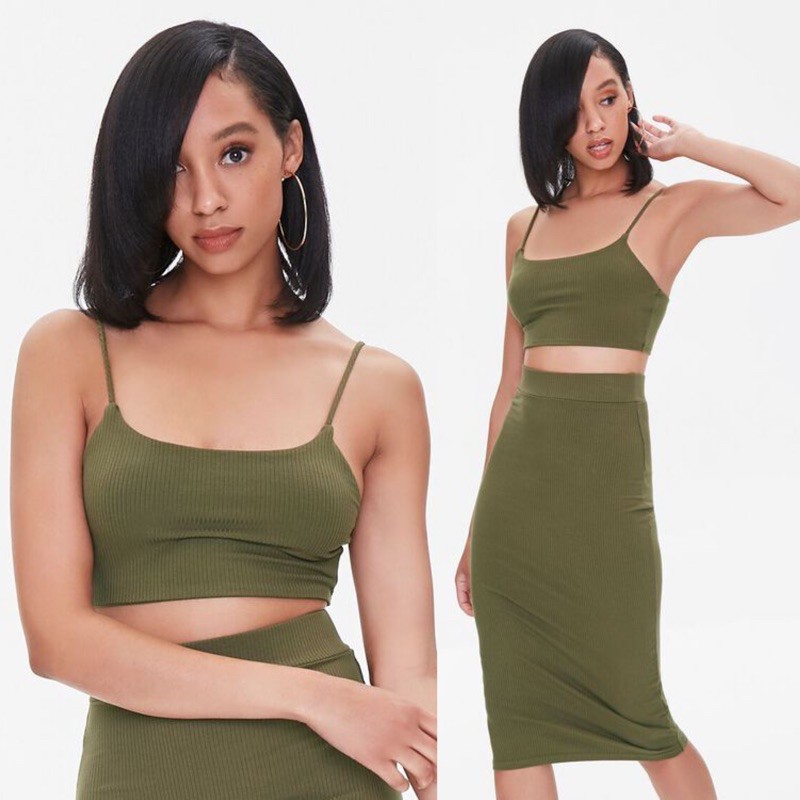 Set Áo Croptop Chân Váy Midi Thun Gân F21