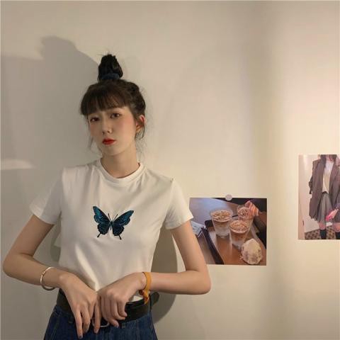 Áo Croptop tay ngắn thêu hình bướm siêu xinh. áo croptop cộc tay thêu bướm