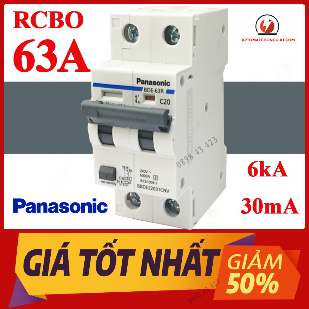 Cầu Dao Chống Giật RCBO PANASONIC 2P 63A - 30mA  đa năng 2P1E BBDE26331CNV  6kA - Aptomat chống giật đa năng an toàn 63A