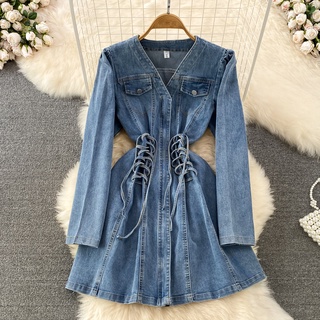#2264 [Order/ Sẵn L] Đầm denim dáng cổ chữ V đan dây 2 bên có size