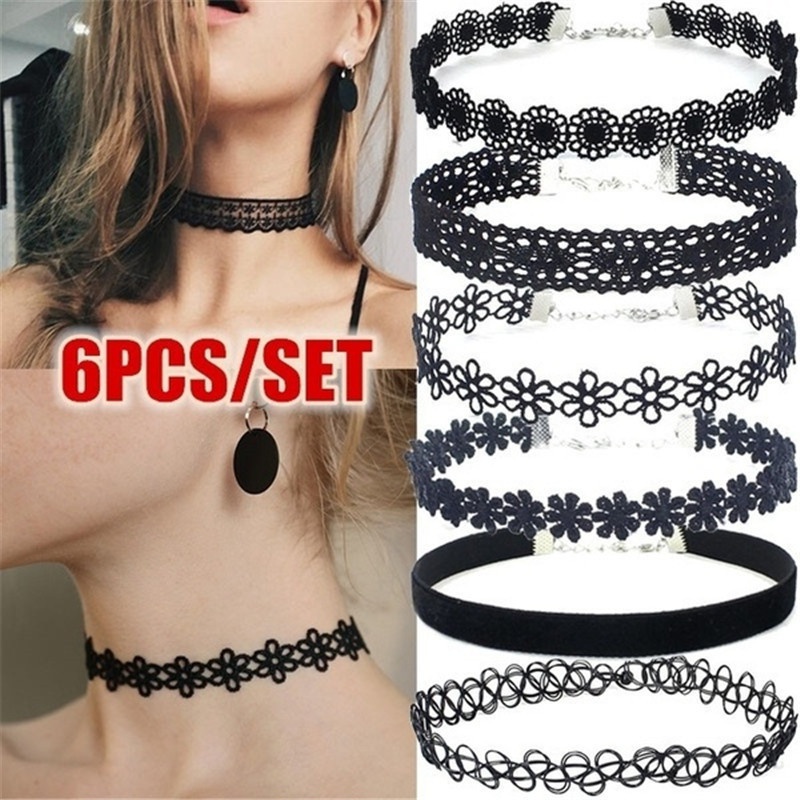 Set 6 Vòng Cổ Choker Ren Hoa Đen Cá Tính