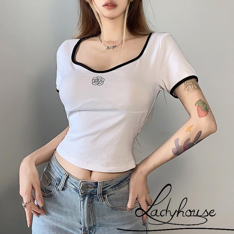 Áo Thun Tay Ngắn Cổ Chữ V In Họa Tiết Hoa Màu Sắc Tương Phản Co Giãn Thời Trang Mùa Hè Cho Nữ