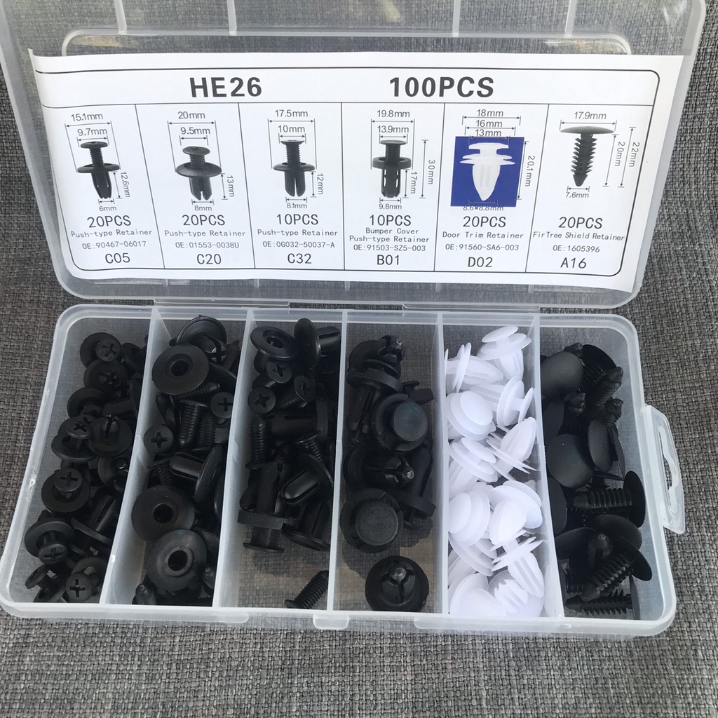 Bộ 100 nút nhựa nội thất ô tô kèm hộp - HE26