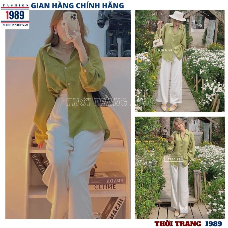 Set áo sơ mi xanh lá kèm quần ống rộng lưng cao SB02 kiểu dáng hàn quốc ulzzang tây công sở bộ đi chơi -PHƯƠNG VŨ 1989
