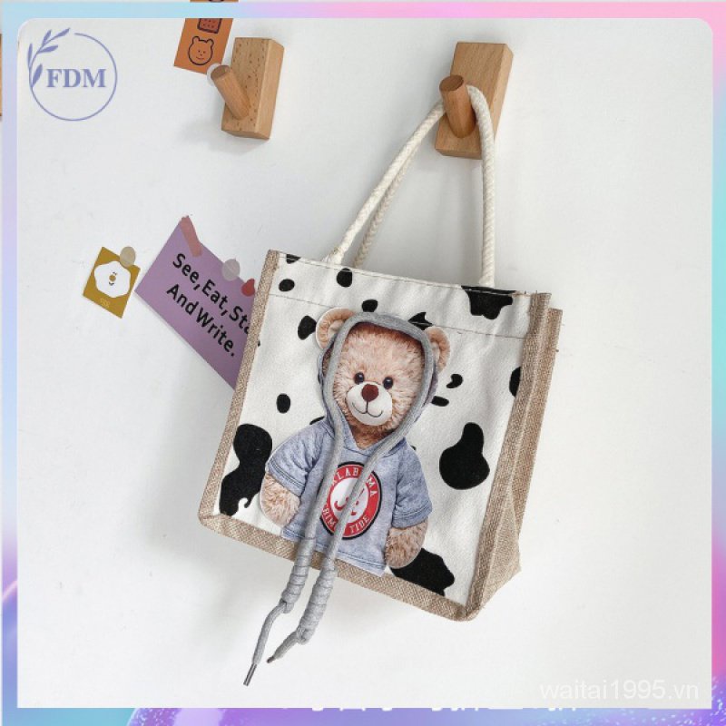 Túi xách tay bằng vải canvas in hình gấu dễ thương cho nữ