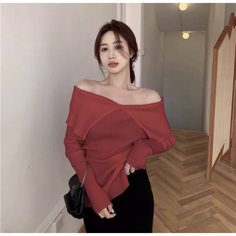 Áo Len Trễ Vai 2 Màu Phong Cách Sexy Hàn Quốc Dành Cho Nữ