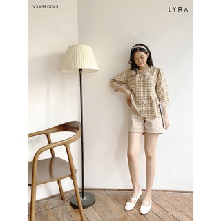 Set áo sơ mi kẻ caro cổ V kèm quần short kaki LYRA, set trẻ trung năng động phong cách Hàn Quốc-VXYSE0045