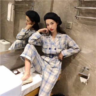 Bộ jumpsuit kẻ caro kèm đai hàng od Taobao