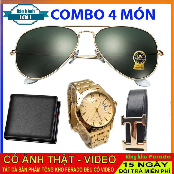 [COMBO 4 MÓN] Đồng hồ nam Sandas mặt vàng tặng ví da ,kính mắt thời trang chống UV 400 Dây lưng