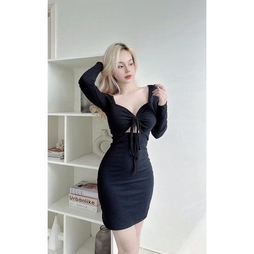 Đầm body sexy tay dài.  Đầm dáng ôm khoét ngực dây yếm cột cổ chất liệu thun gân co giãn, mẩu lên tôn dáng , hàng cao cấ