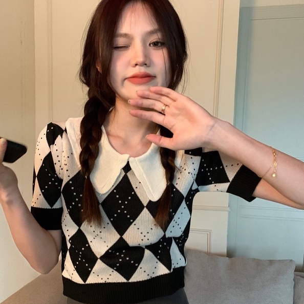 Áo thun dệt kim ZHELIHANGFEI cổ búp bê tay ngắn họa tiết hình thoi dễ thương