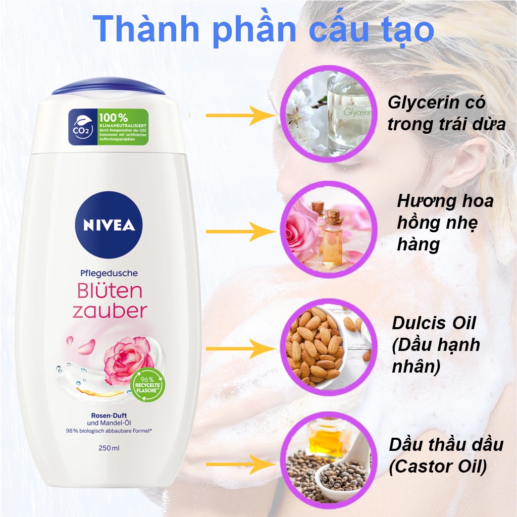 Sữa tắm trắng da NIVEA Bluten toàn thân, dưỡng ẩm cân bằng PH, hương nước hoa hồng thơm lâu