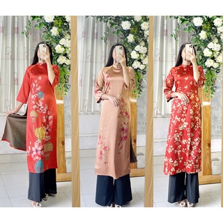 Áo dài Tết cách tân lụa in hoa Tết siêu xinh