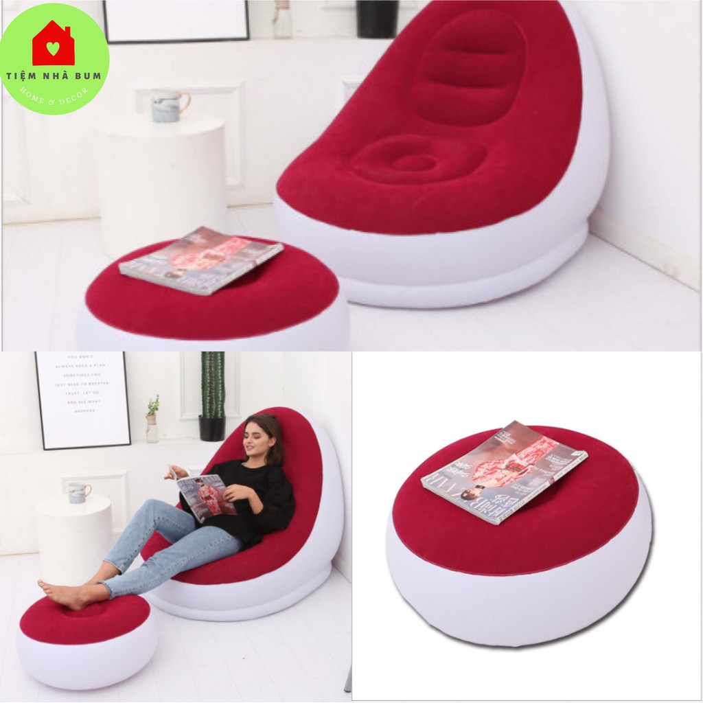 Bộ ghế hơi tựa lưng + Tặng kèm bơm tay + đôn ghế nằm thư giãn - Nhiều màu xinh xắn