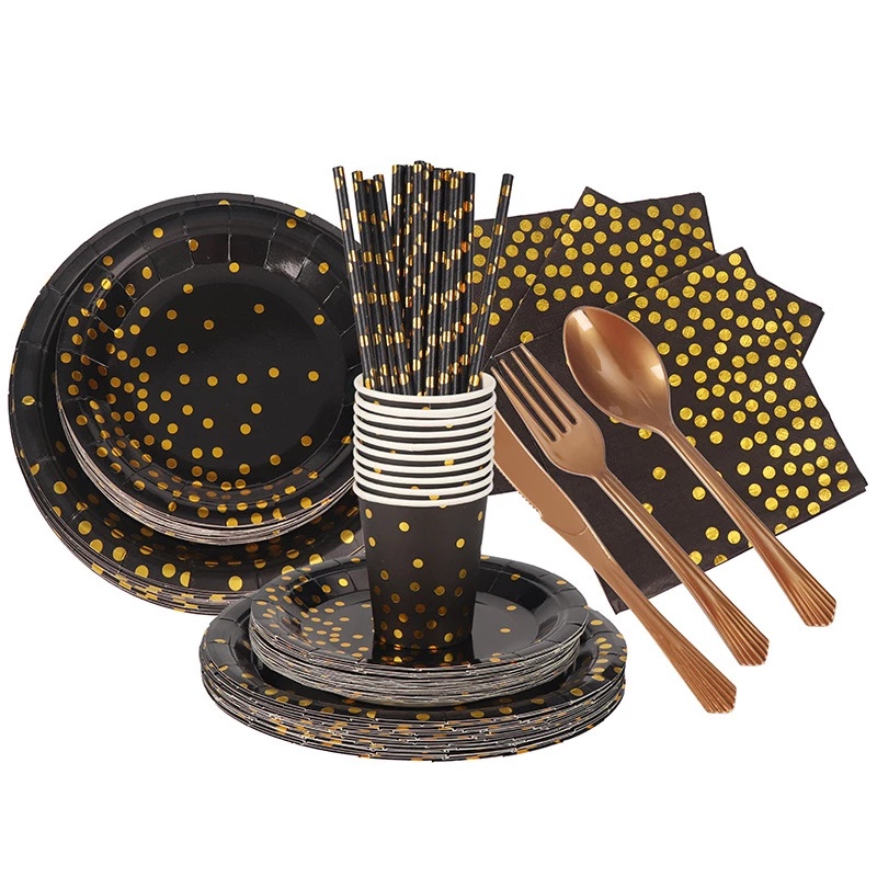 Bộ Đĩa/Cốc/Đĩa Giấy Dùng Một Lần Họa Tiết Chấm Bi Màu Đen Xinh Xắn