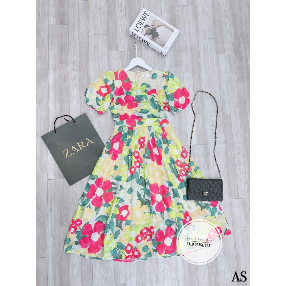 ✨BÁN SỈ✨Đầm hoa voan tay bồng 2 lớp xếp ly ngực