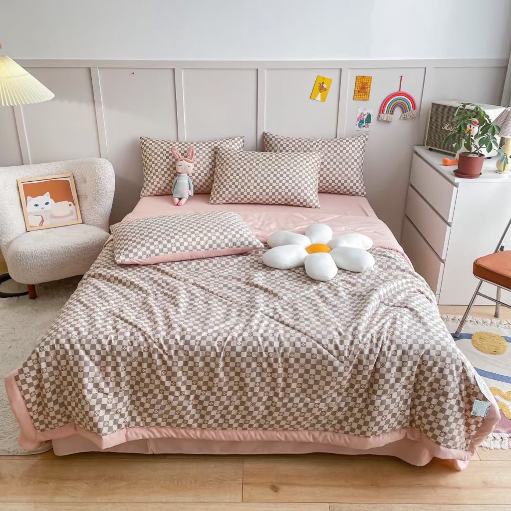 Bộ chăn ga gối cotton đũi chăn hè chăn bông họa tiết kẻ đơn giản sang trọng, ga gối mềm mịn thoáng mát miễn phí bo chun