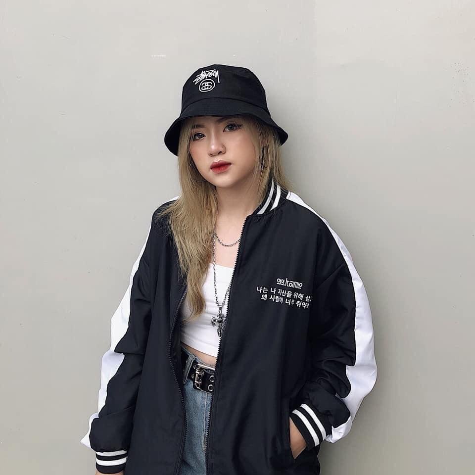 [Hình Thật] Áo Khoác Dù 2 Lớp Nam Nữ Bomber Chữ Hàn Quốc Đen Phối Trắng, Khoác Nhẹ Thu Đông, Khoác Nắng