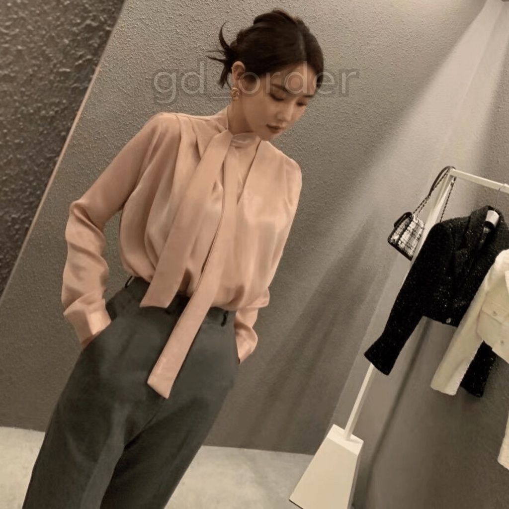 A5|Áo sơ mi nữ kiểu hàn quốc cao cấp cách điệu đẹp cổ tròn kèm dây đai cổ gd_order