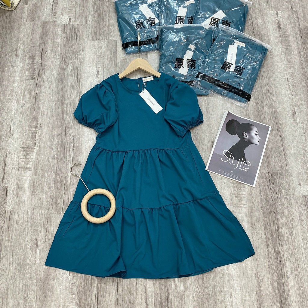 Váy xanh đũi thô babydoll, đầm suông dáng xòe dễ thương