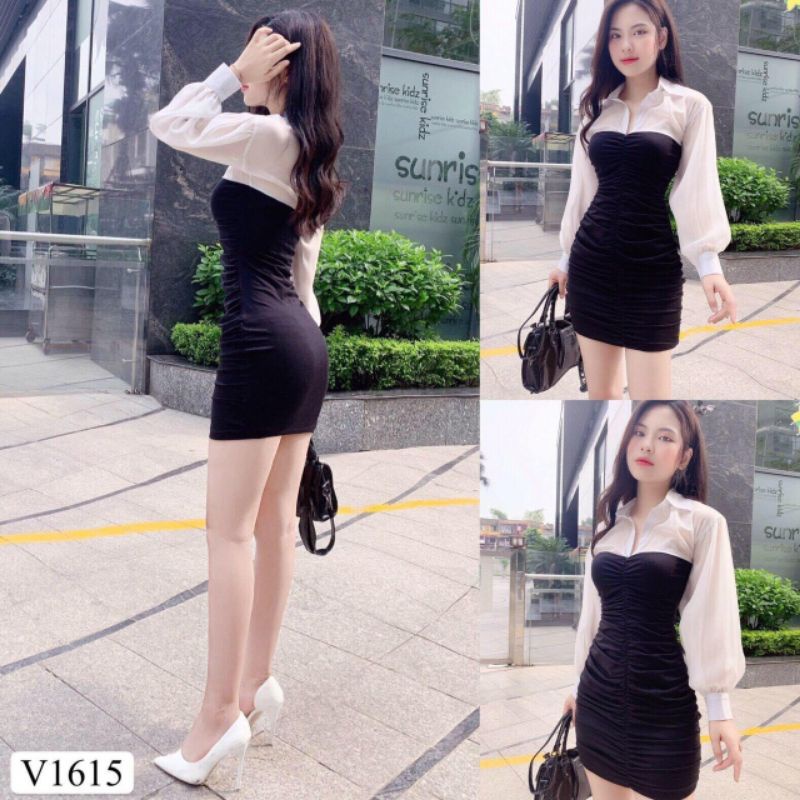 Đầm Body thân nhúng cổ sơ mi tay dài phồng HÀNG THIẾT KẾ