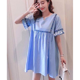 Đầm babydoll xanh viền thổ cẩm tay ngắn (kèm hình thật)