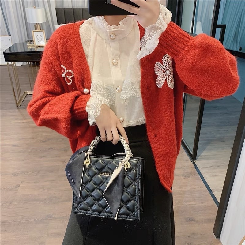 Áo sơ mi kiểu voan tơ cổ trụ bèo ren cúc ngọc phong cách quý tộc mặc phối tweed