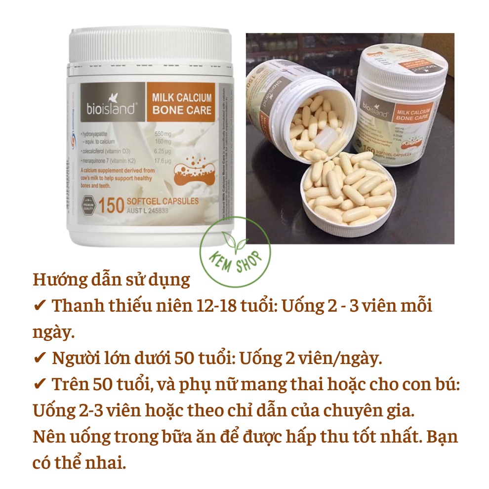[Cam kết chính hãng] Viên uống Canxi sữa hữu cơ, Calcium Bone Care Bioisland 150 viên cho người lớn, trẻ trên 12 tuổi