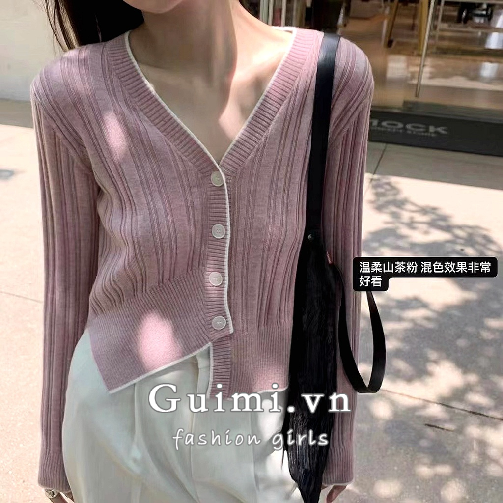 Áo Khoác cardigan Dệt Kim Tay Dài Cổ Chữ V Phối Màu Tương Phản Thời Trang Mùa Thu Mới Cho Nữ