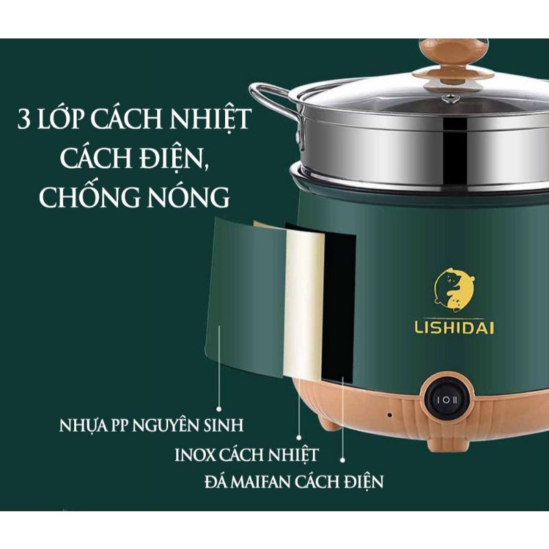 Nồi Điện Mini 2 Tầng Đa Năng SHANBAN HM-18 Tặng Kèm Khay Hấp Inox(Chiên, Xào, Nấu ăn, nấu cơm, nấu lẩu mini)1-2 người
