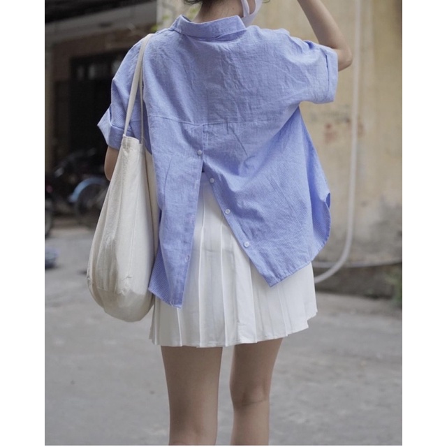 Áo sơ mi kẻ cúc lưng cổ đức chất linen - Áo sơ mi nữ basic Nhà Tẹo