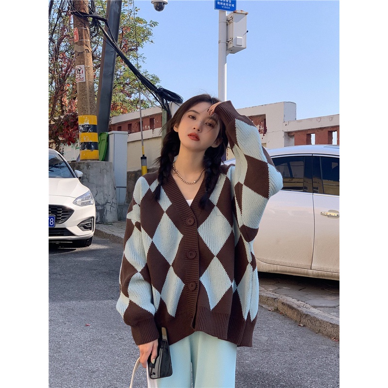 Cardigan Hình Thoi | Áo Khoác Len Dệt Kim Retro Dáng Rộng Họa Tiết Hình Thoi, Áo Cardigan Nam Nữ 2022 Len Dày