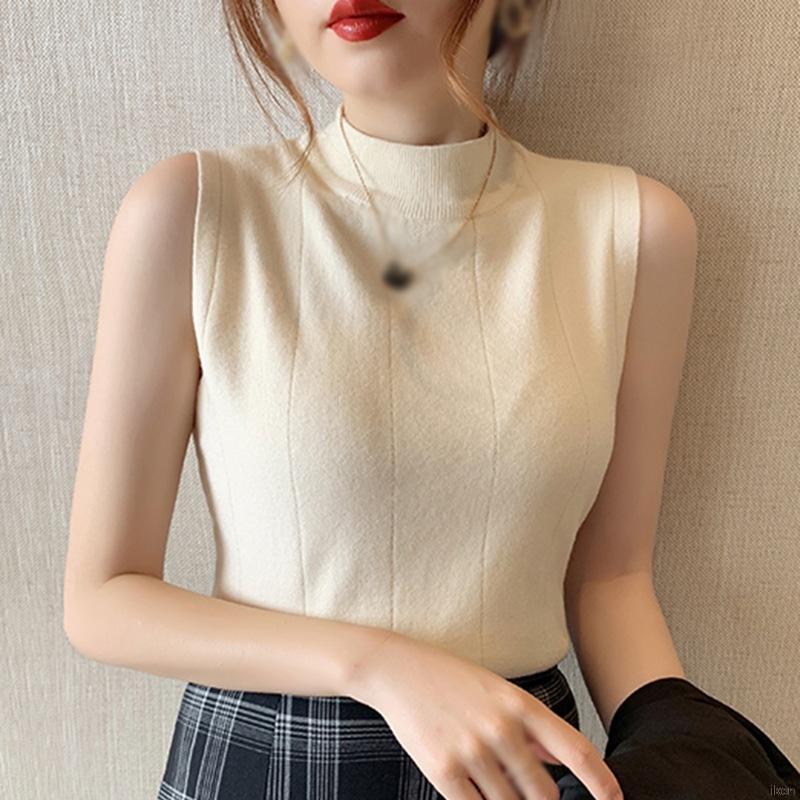 Áo thun lửng chui đầu dệt kim không tay cổ lọ cao vừa dáng ôm màu trơn thời trang dành cho bạn nữ