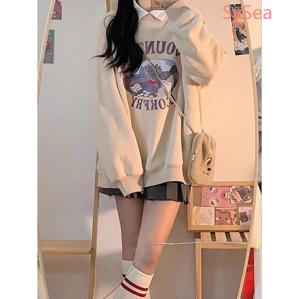 Bộ Áo Hoodie In Họa Tiết + Chân Váy Xếp Ly Lưng Cao Xinh Xắn Theo Phong Cách Mùa Thu Hàn Quốc Dành