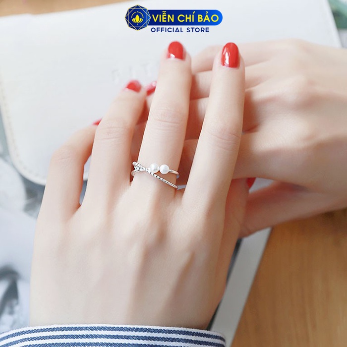 Nhẫn bạc nữ chéo chữ X cách điệu đính hạt châu bạc 925 thời trang phụ kiện trang sức nữ Viễn Chí Bảo N400569