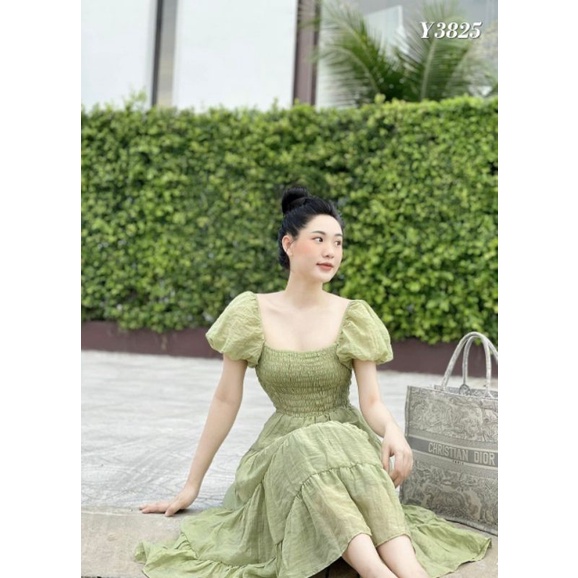 FREESHIP❣Đầm midi cổ vuông nhún ngực chất tơ nhăn mềm chuẩn form
