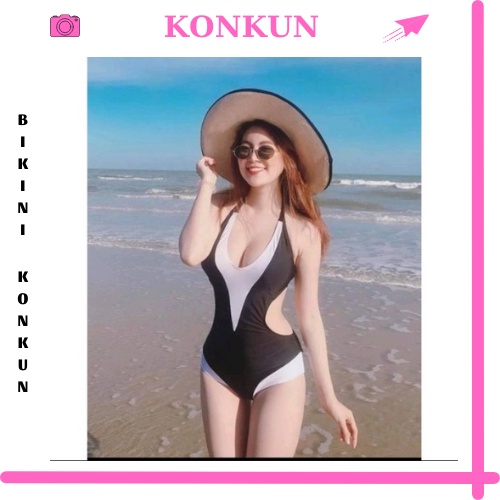 Bikini đồ bơi đi biển 1 mảnh màu đen phối viền trắng KONKUN MS02