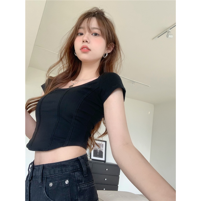 Cocory vn Áo Thun Crop Top Tay Ngắn Cổ Vuông Màu Trơn Thiết Kế Độc Đáo Thời Trang Quyến Rũ Cho Nữ