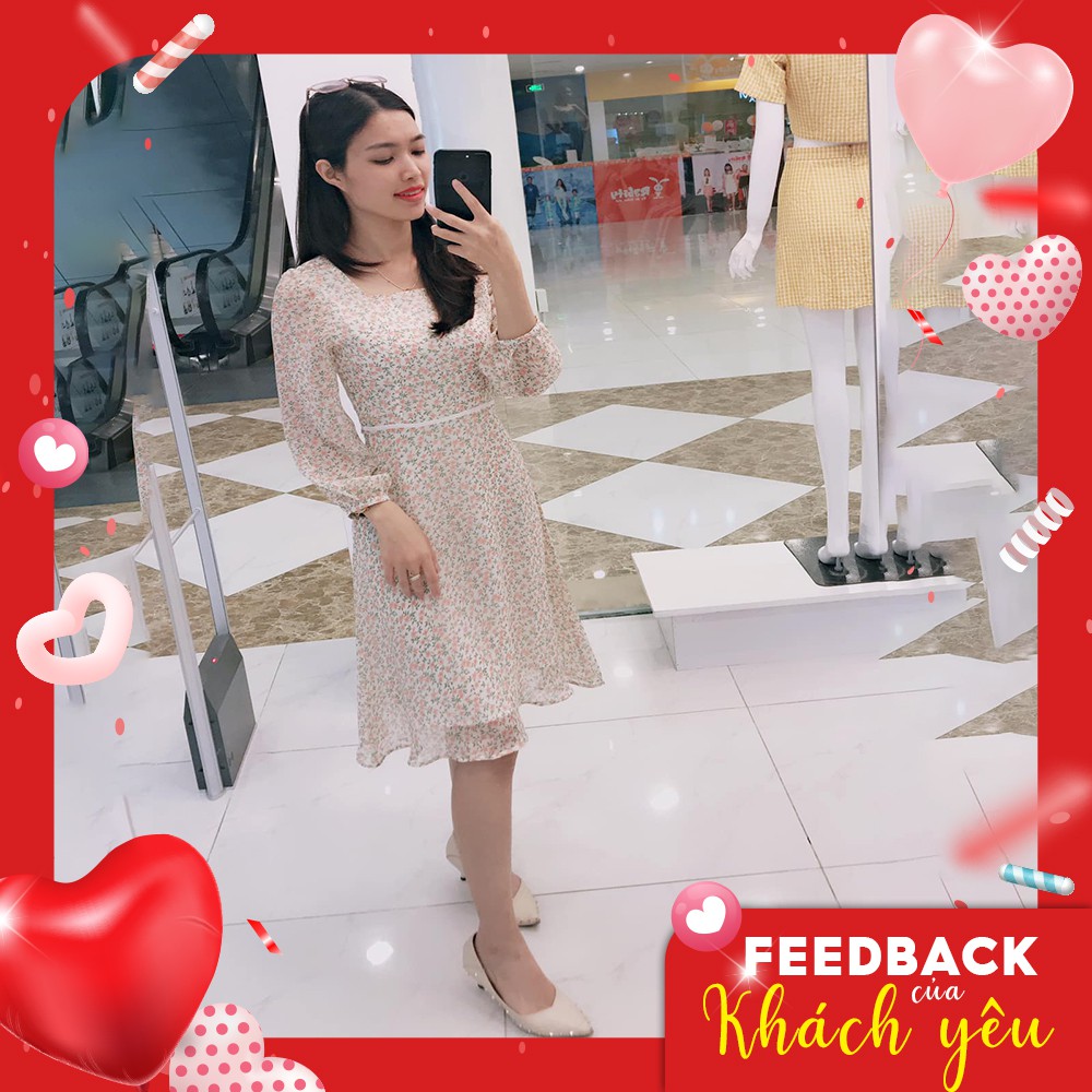 [Mã MABR07062 giảm 8% tối đa 50K đơn từ 249K] Đầm xòe nữ hoa nhí cổ vuông tay dài GUMAC màu kem, đủ size DB3109 | BigBuy360 - bigbuy360.vn