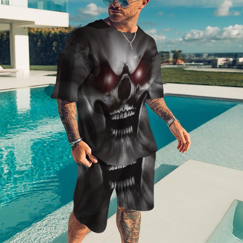 Set Áo Thun Ngắn Tay In Hình Đầu Lâu 3D Và Quần Short Phong Cách Hip Hop Đường Phố Cá Tính Dành Cho Nam