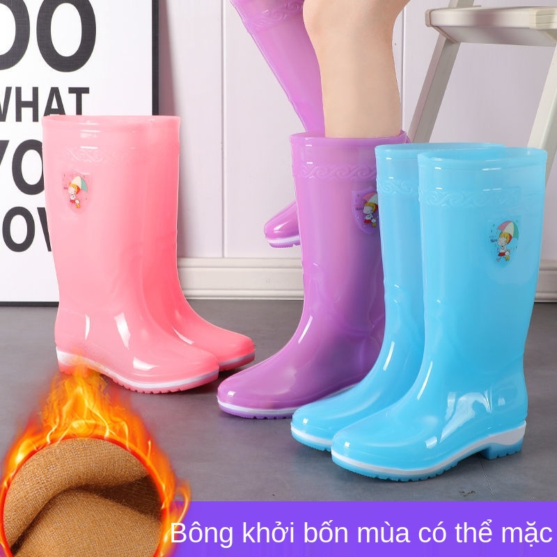 VKẹo ống dài ủng đi mưa của phụ nữ cao trong suốt giày thời trang mặc bên ngoài dễ thương thạch nước chống thấm không tr