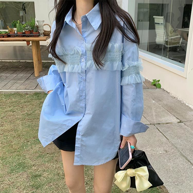 Áo Kiểu Hồng Kông Tay Dài Phối Bèo Thiết Kế Dễ Phối Đồ